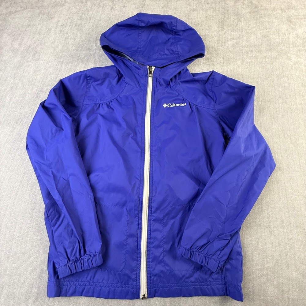 Columbia Girls Blue Hooded Rain Jacket Full Zip‎ Size Medium 10/12